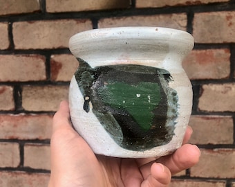 Vintage Studio Pottery Small Pot, Abstract Studio Pottery Small Bowl, Green and Black on Grey Small Pottery Dish, Pottery Display Short Vase