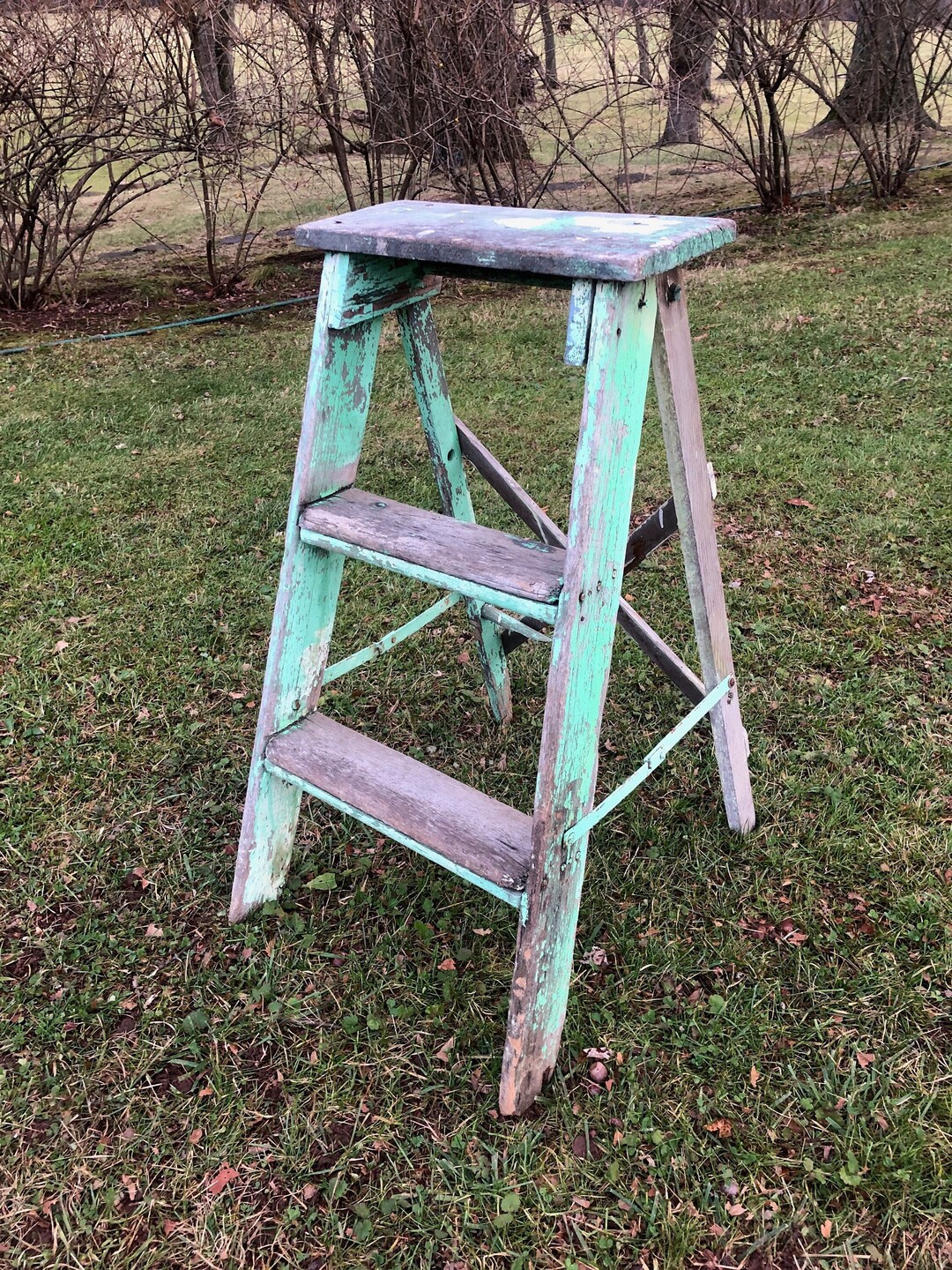 Vintage Green Step Ladder Small Wood Step Ladder Three Foot Etsy