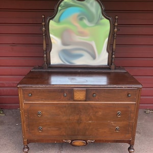 Vintage Four Drawer Dresser with Mirror, Low Dresser, Casters, Customizable, Custom Painted, Wood Dresser, Chest of Drawers, Swing Mirror