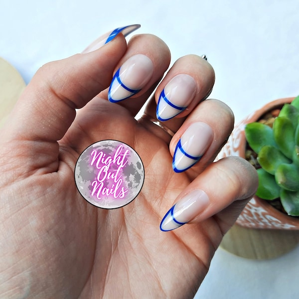 Almond Blue Lined French Tip Press On Nails | French Nails | Abstract Nails | Fake Nails | False Nails | Press Ons | Short Nails