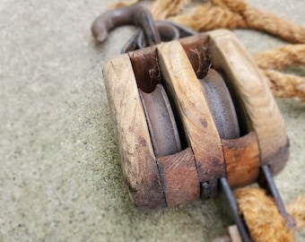 Antique Barn Wood & Cast Iron Double Block Pulley with Hook