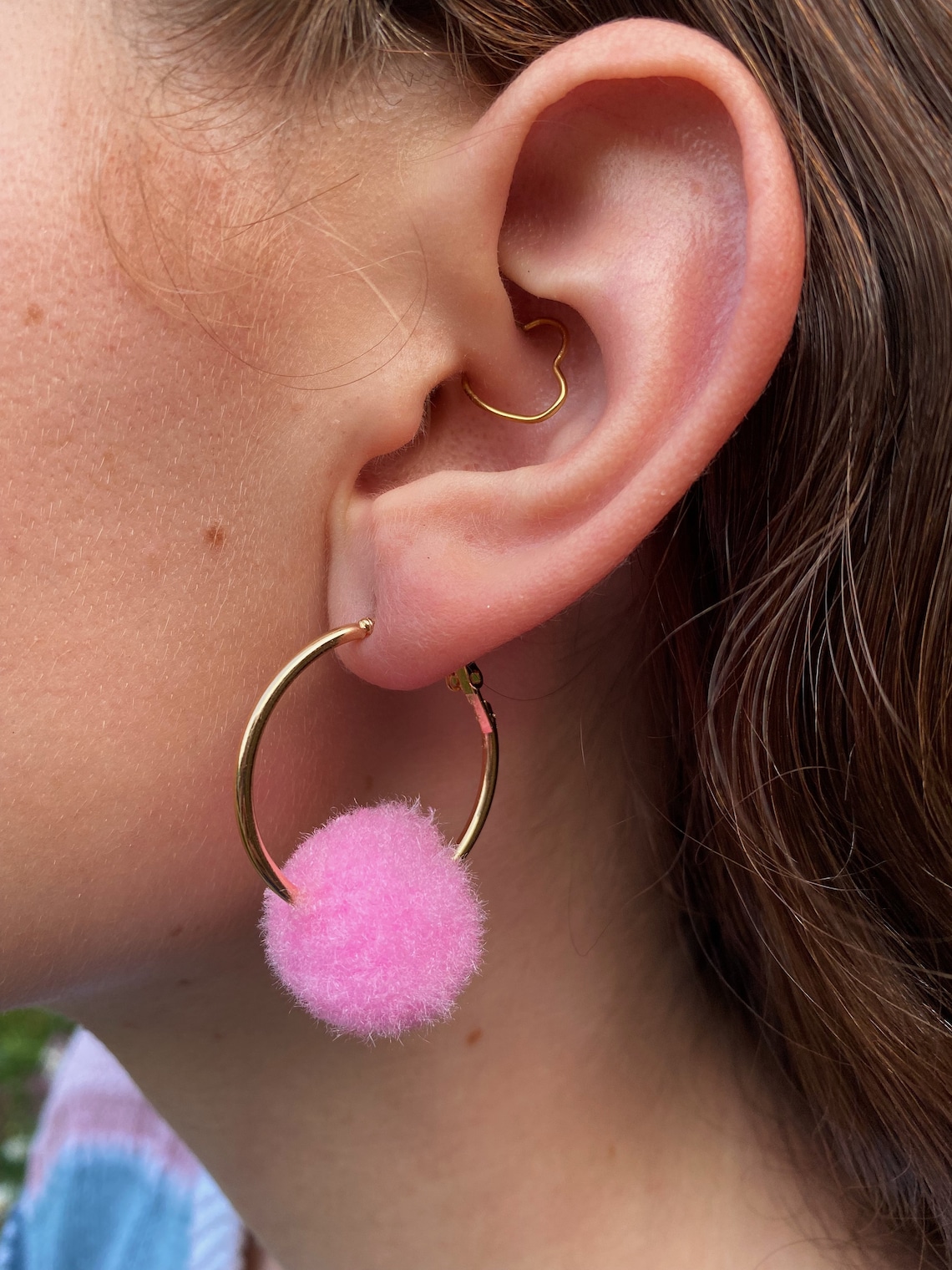 Pink Pompom Puff Hoop Earrings Etsy