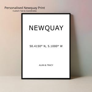 Personalised Newquay Print | Cornwall Coordinates Poster | Custom Location Wall Art | Minimal Coastal Home Decor UK