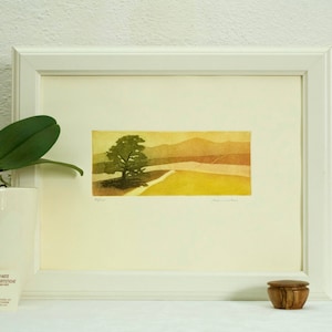 Original Handmade Etching Art Print - Coulored Landscape and tree