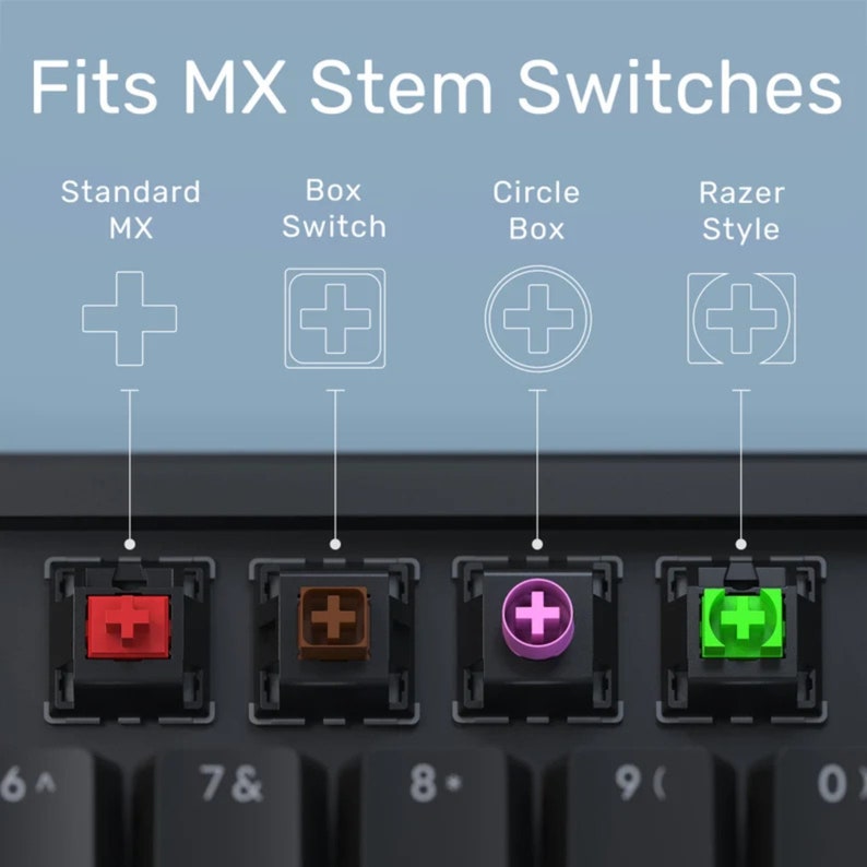 May include: A close-up of a keyboard with four MX stem switch types: Standard MX, Box Switch, Circle Box, and Razer Style. The switches are in red, brown, purple, and green. The text "Fits MX Stem Switches" is at the top of the image.