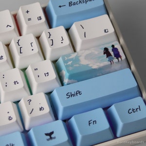 May include: A close-up of a mechanical keyboard with custom keycaps. The keyboard has white and light blue keycaps with Japanese characters and symbols. One keycap features an image of two people on a beach. The "Shift" key is light blue.