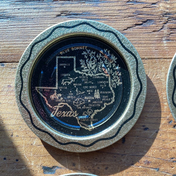 Vintage Texas Souvenir Coasters Set of 4 | Map of Texas Midcentury Souvenir Black and Gold Coaster Set | Gift for Texan | Midcentury Barware