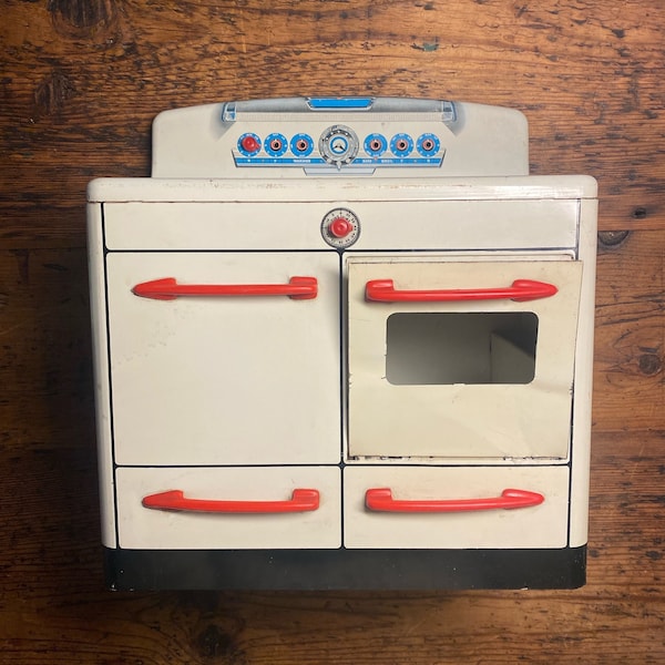 Retro Marx Toy Tin Litho Stove | Midcentury Vintage Child's Kitchen Pretend Play Collectible | Fun 50s Metal Lithograph Kitchen Stove Oven