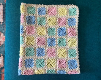 Vintage Pastel Granny Square Afghan | Baby Blanket Throw Blanket in Pastel Pink Blue Green & Yellow with Cream Color Trim | Baby Shower Gift