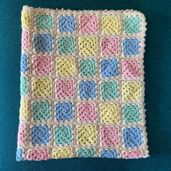 Vintage Pastel Granny Square Afghan | Baby Blanket Throw Blanket in Pastel Pink Blue Green & Yellow with Cream Color Trim | Baby Shower Gift