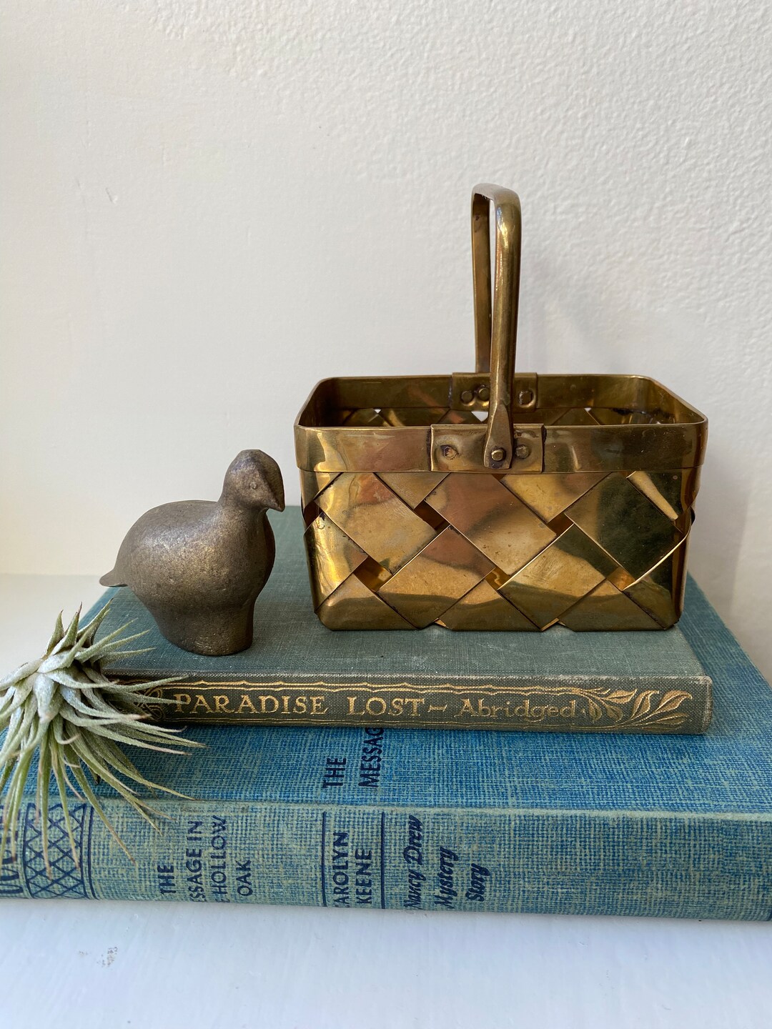 Vintage Small Woven Solid Brass Basket With Moveable Handle Unique