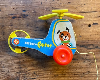 Fisher Price Mini Copter Pull Toy | 1970 Vintage Wooden Pull Toy | Classic Retro Toddler Pull Toy | Vintage Fisher Price Helicopter Toy Fun!