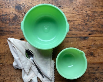 Jadeite Mixing Bowl Set Vintage 1940’s McKee | Large Dimple Bottom Mixing Bowl Handles & Smaller Mixing Bowl Spout for Sunbeam Mixer Perfect