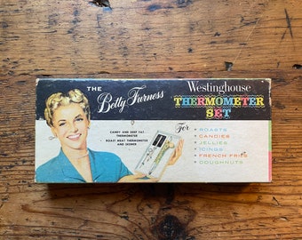 Betty Furness Thermometer in Original Box | Colorful MCM Graphics Illustration | Vintage Cooking Thermometer | Westinghouse Spokesmodel Set