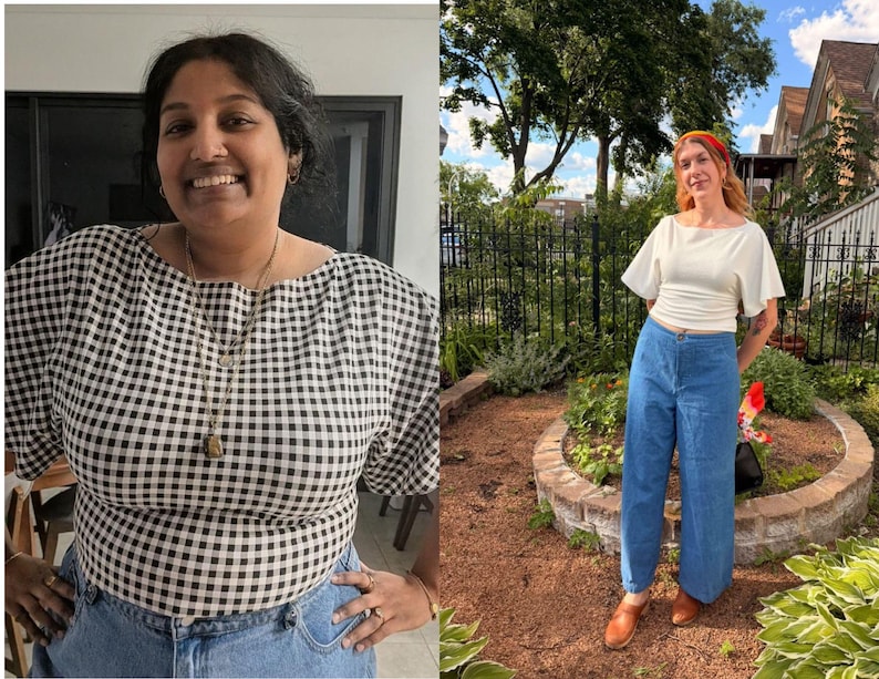 May include: A black and white gingham print top with short sleeves and a wide neckline paired with blue denim jeans. The outfit is styled with a layered gold necklace and a simple white short-sleeved top with blue wide-leg denim trousers.
