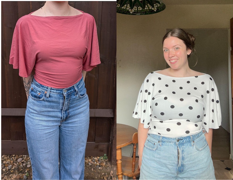 May include: Two short-sleeved tops with a wide boat neckline and flared sleeves. One top is solid dusty rose, and the other is white with a black polka dot pattern. Both tops are paired with light blue denim jeans featuring a classic five-pocket design.