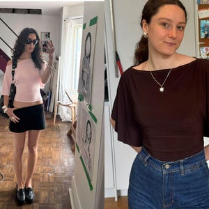 May include: A light pink off-the-shoulder top with short sleeves paired with a black mini skirt, and a dark brown boat-neck top with flutter sleeves paired with blue denim jeans. Both outfits feature simple silhouettes and solid colors.