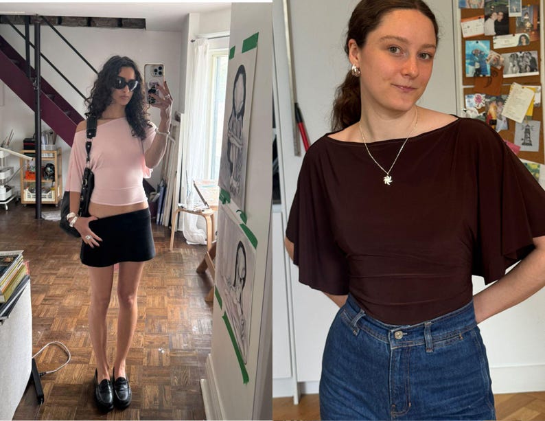 May include: A light pink off-the-shoulder top with short sleeves paired with a black mini skirt, and a dark brown boat-neck top with flutter sleeves paired with blue denim jeans. Both outfits feature simple silhouettes and solid colors.
