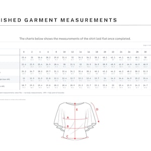 May include: A technical chart titled FINISHED GARMENT MEASUREMENTS displaying a table of numerical values for sizes 0 through 34. Below the table is a line drawing of a shirt with red lines labeled A, B, C, D, and E indicating measurement points.