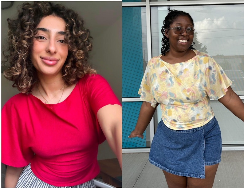 May include: A bright red short-sleeved top with a wide neckline and a yellow short-sleeved top featuring a multi-colored abstract pattern, paired with a dark blue denim wrap-style skirt. The tops have a relaxed fit with flutter sleeves.
