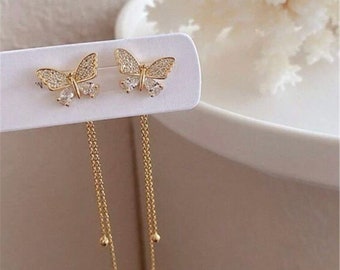 Butterfly Earrings - Jacket Earrings - Back Earrings - Friendship Gift - Birthday Present - Gold and Cubic Zirconia