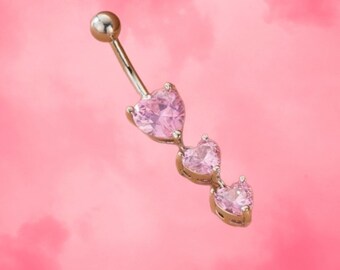 Heart belly bar with 3 pink crystals - silver belly ring