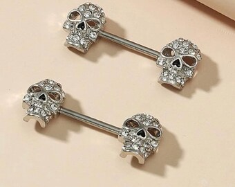 2 Zilveren Schedel Tepel Bars Body Jewellery Barbell Piercing Chirurgisch Staal - Halloween Sieraden