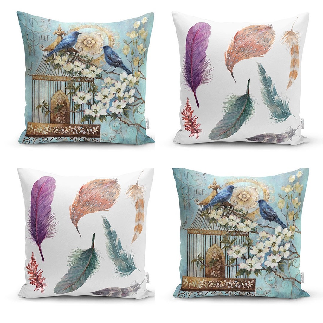 Set of 4 Elegant Style Pillow Cases Feathers Etsy