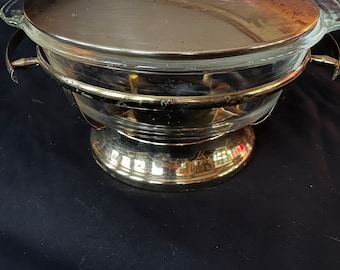Vintage Fire King MCM Chafing Dish Brass & Glass -Beautiful-Anchor Hocking