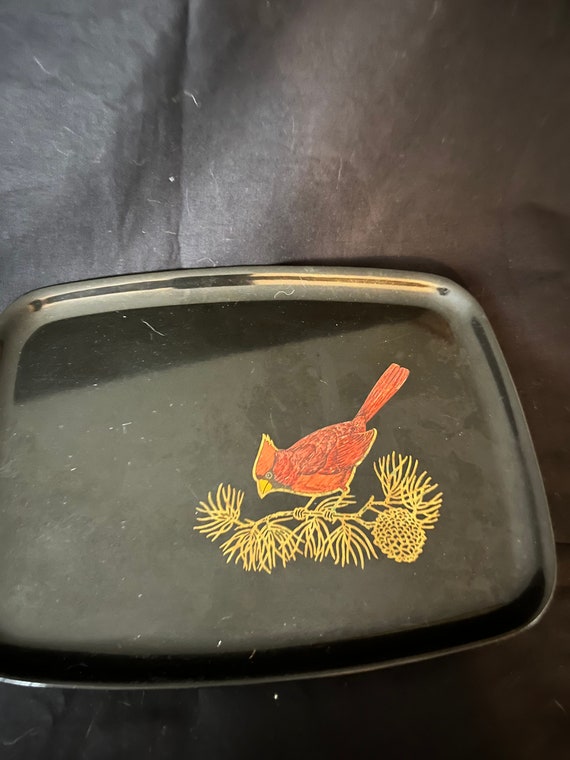 Couroc of Monterey Vintage Black Tray Red Cardinal-gold Pine Bough Art/tray  