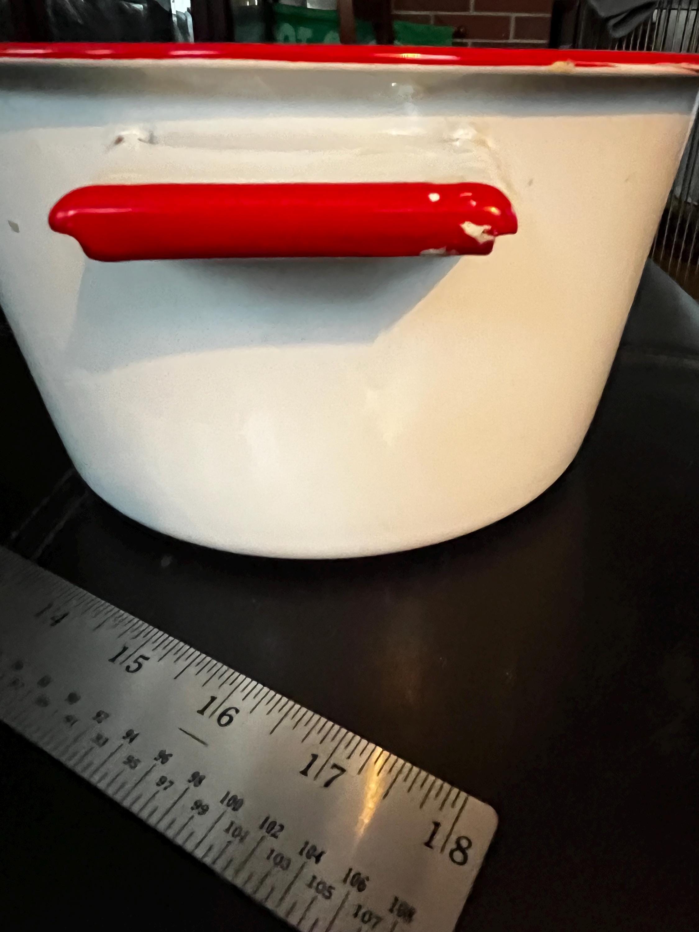 Snow-white-vintage-enamel Bowl/pot W/handles, W/red Trim - Etsy