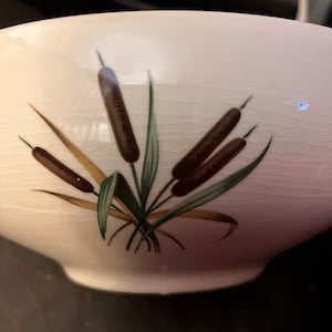 Puede incluir: Cuenco de cerámica color crema con un diseño decorativo de espadañas. Las espadañas son marrones con hojas verdes y beige. El cuenco tiene un aspecto ligeramente agrietado, lo que añade encanto vintage. Una pieza inspirada en la naturaleza.