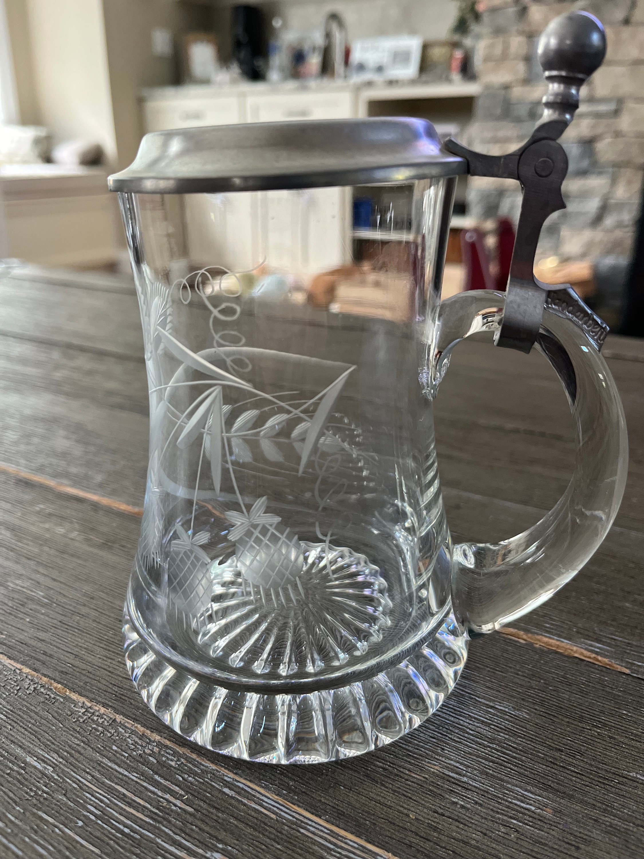 Zinn Vintage Glass/pewter Lid-beer Stein- ERBO W/etched Berries