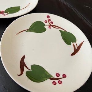 May include: Two white ceramic plates with a green leaf and red berry design. The plates have a brown stem and are decorated with a simple, repeating pattern.