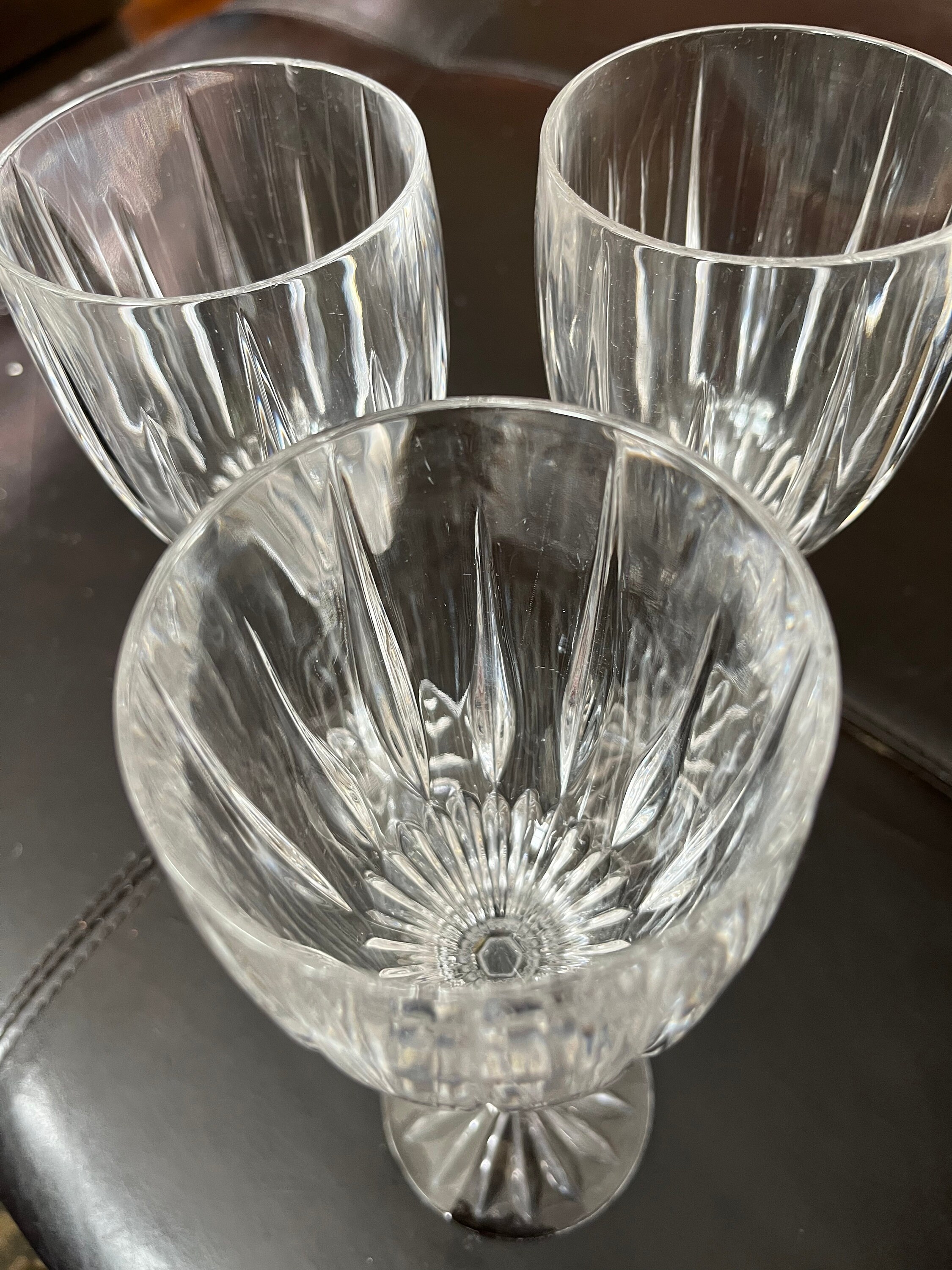 French Etched Clear Glass Gold Inlay Crystal Cut Wine Glasses 5 4pc Antique A e