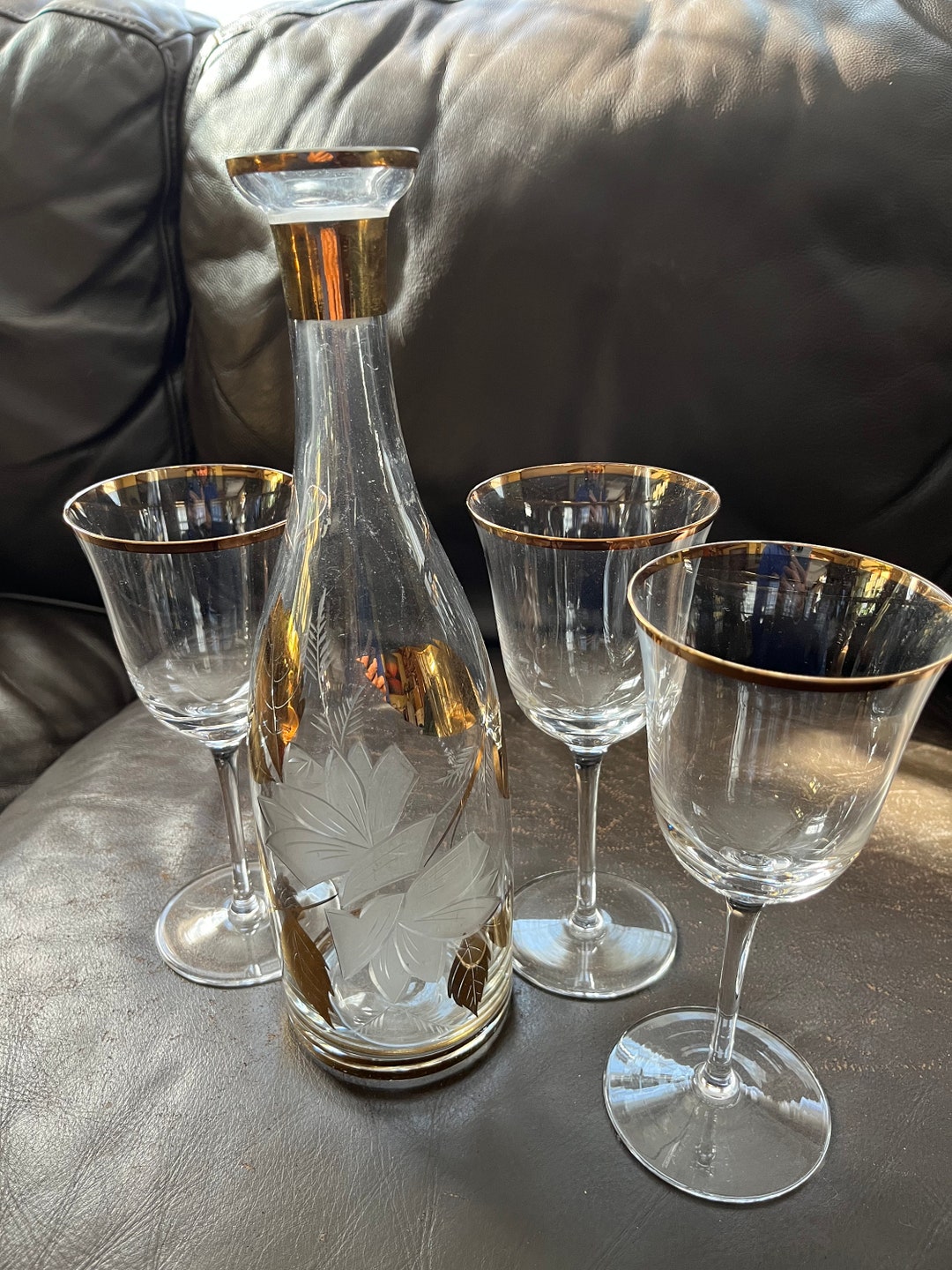 Etched Crystal Wine Decanter Set With Gold Leaves and Trim3 Etsy