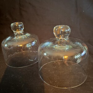 May include: Two clear glass cloches with smooth, rounded dome tops and small spherical handles. These transparent covers feature a simple, circular base design, providing a clean and unobstructed view of the interior space beneath each glass dome.