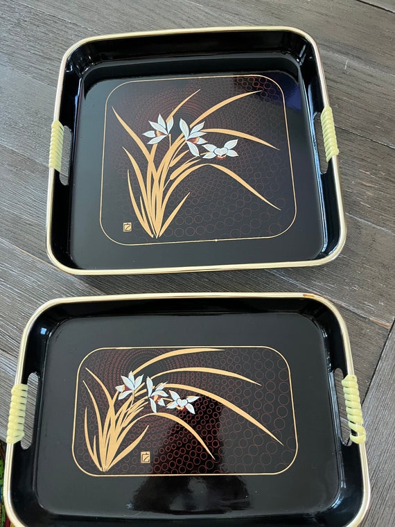 アンティーク雑貨 prius028 Japanese Black Lacquer Ware Vintage Nesting Trays Set of 2