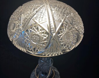 Antique Cut Crystal Boudoir Lamp W/mushroom Shade, Base Shade