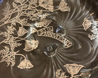 Vintage 25th Anniversary Sterling Silver Overlay 4 Feet w/Swirl Poppy Glass Bowl