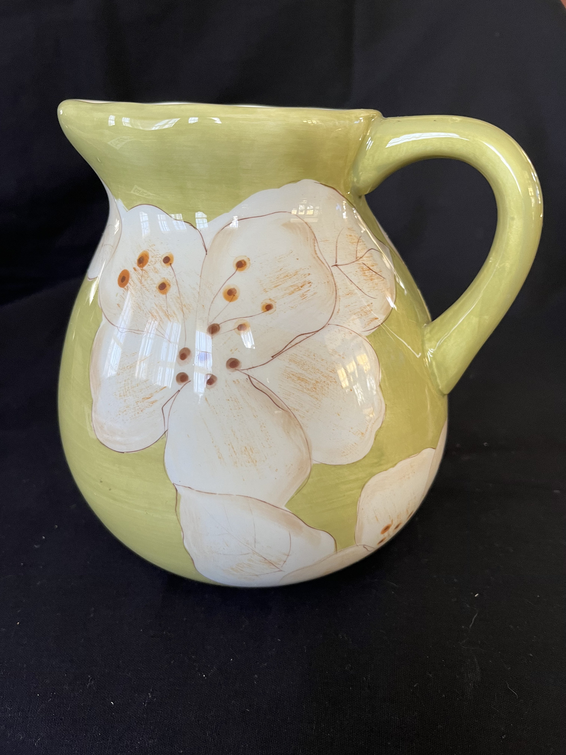 Gates Ware by Laurie Gates-Cream Flowers on Green-large pitcher