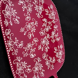 Temp-tations By Tara-Floral Lace-Cranberry 14”x 9.5” Ceramic Platter w/ Handles