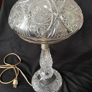 Antique Cut Crystal  Boudoir Lamp w/Mushroom Shade, Base & Shade Very Heavy