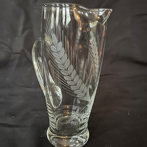 Etched Wheat-Clear Blown Glass Design 9” MCM Pitcher