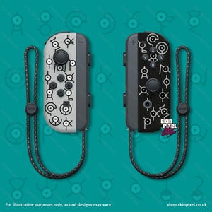May include: A pair of white and black Nintendo Switch Joy-Con controllers with a custom design featuring a pattern of circles and lines. The controllers are attached to black wrist straps.
