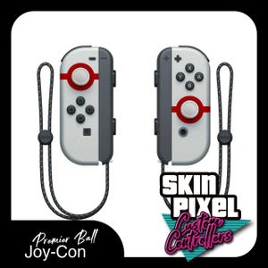 May include: A pair of white and gray Nintendo Switch Joy-Con controllers with a red and white Poké Ball design. The controllers are attached to a black wrist strap. The text "Premier Ball Joy-Con" is at the bottom of the image. The text "Skin Pixel Custom Controllers" is at the bottom right of the image.