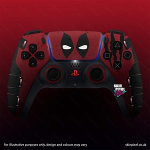 May include: A red and black PlayStation 5 controller featuring a Deadpool design. The controller has a red and black Deadpool mask design on the front and a black and white claw mark design on the back. The controller also has a red and black PlayStation logo on the front.