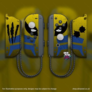 May include: A yellow and blue Nintendo Switch console skin with a Wolverine character design. The skin features a yellow background with blue accents and a Wolverine character graphic. The skin is designed to fit the Nintendo Switch console and Joy-Cons.