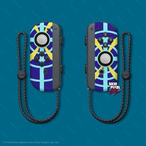 May include: A pair of blue, yellow, and white Nintendo Switch Joy-Con controllers with a black strap. The controllers feature a circular design with a yellow and blue pattern. The text "SKIN PIXEL" is visible on the right controller.