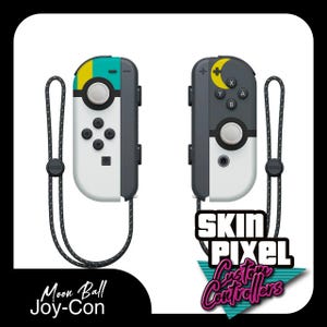 May include: Two custom Nintendo Switch Joy-Con controllers. One has a teal, yellow, and white design, the other a grey and white design with a yellow crescent moon. Both have black buttons and wrist straps. The text "Moon Ball Joy-Con" is visible.